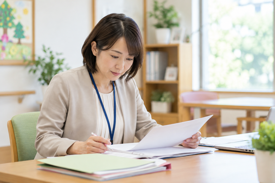 介護支援専門員が書類を確認している様子